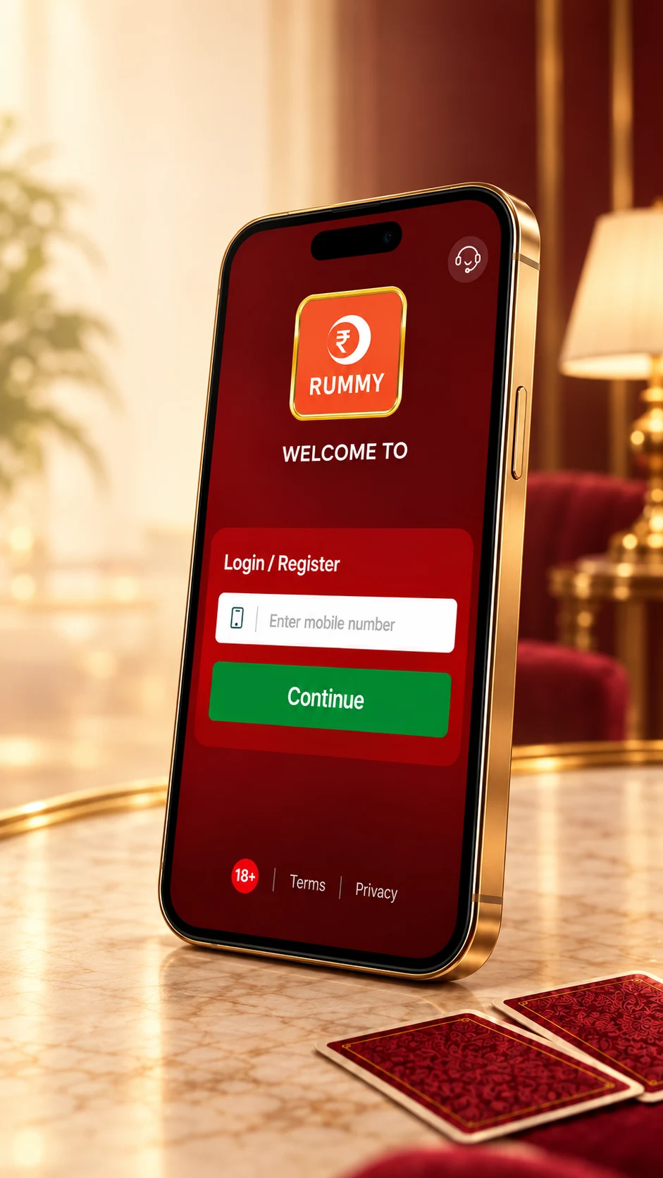 बाईं ओर मुड़े फ़ोन और लॉगिन स्क्रीन वाला Lucky Rummy का प्रचार चित्र